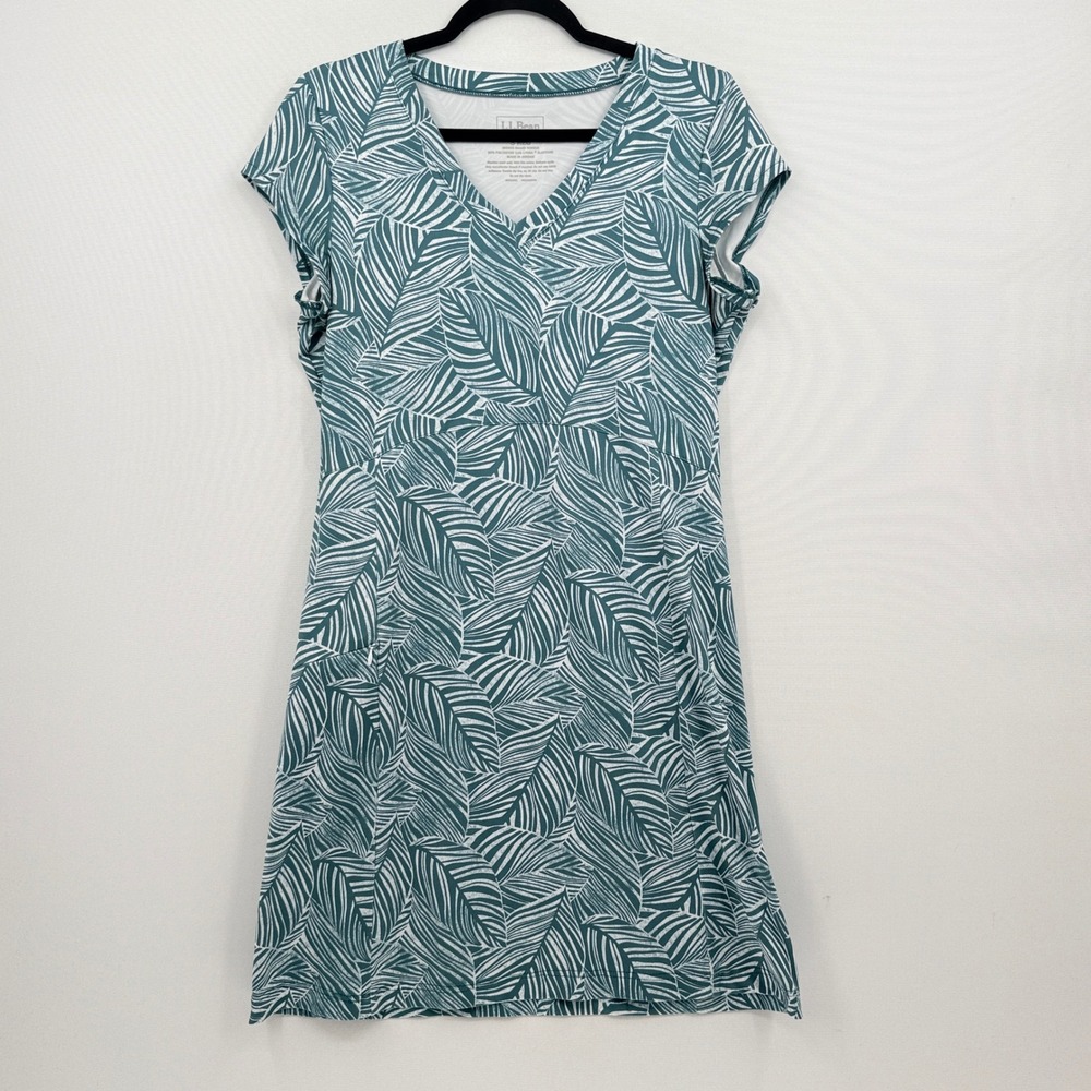 LL Bean Dress Womens Small Blue Palm Leaf Print V-Neck Coastal Tropical